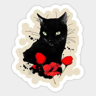 Black Cat and Red Poppies Sticker